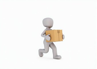gray toy man 3d carries in hands a cardboard box on white background
