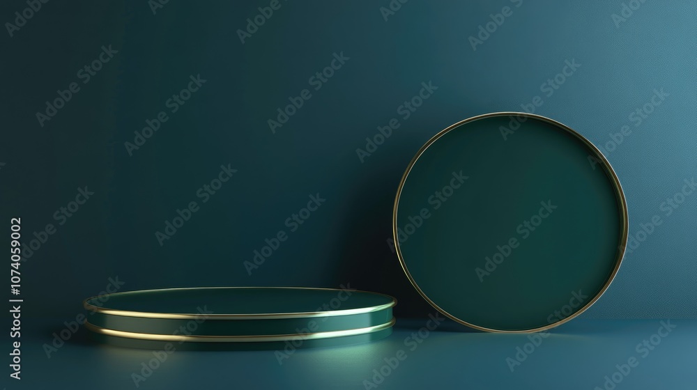 Poster minimalist green podium on a blue backdrop geometric shape 3d rendering suitable for product display