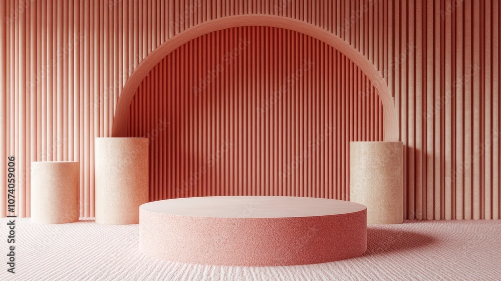 Poster 3d rendering of a minimal pink coral podium or pedestal for showcasing products accompanied by abstr