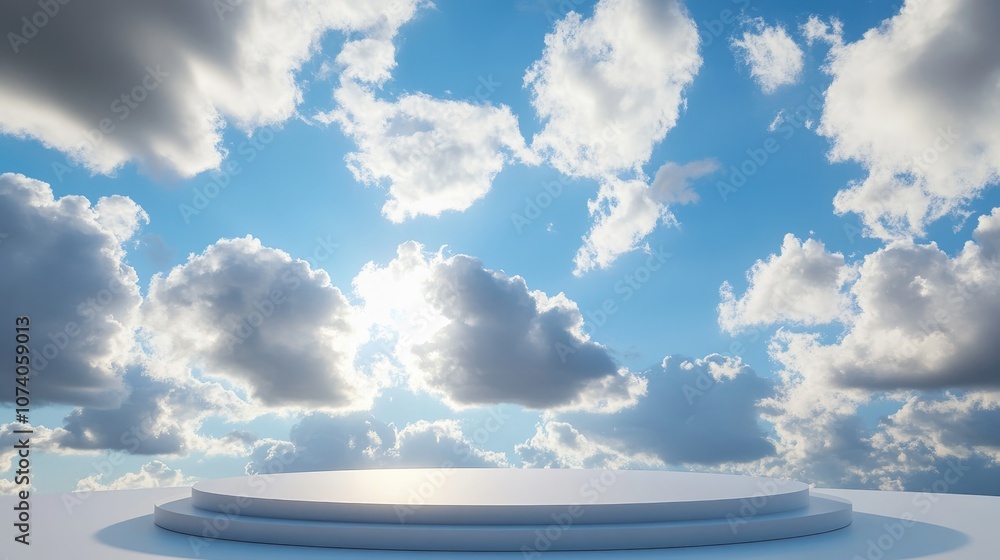 Aufkleber Podium stage set against a blue sky adorned with fluffy clouds offering ample copy space 3D rendering