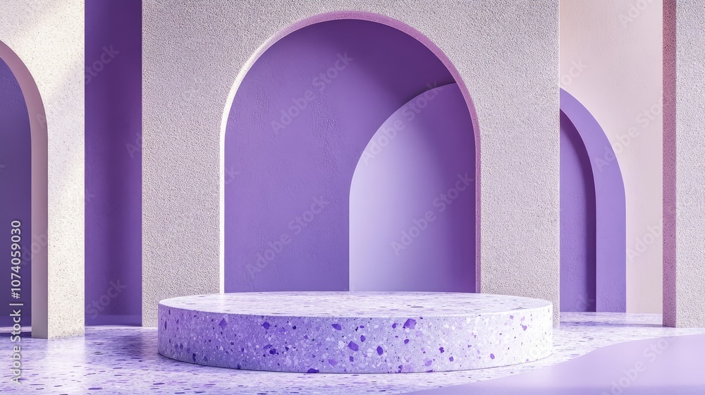 Poster 3D rendering of a minimal abstract background featuring violet and pastel colors The scene includes textured shapes and a podium with terrazzo layers and curved forms designed for product display 