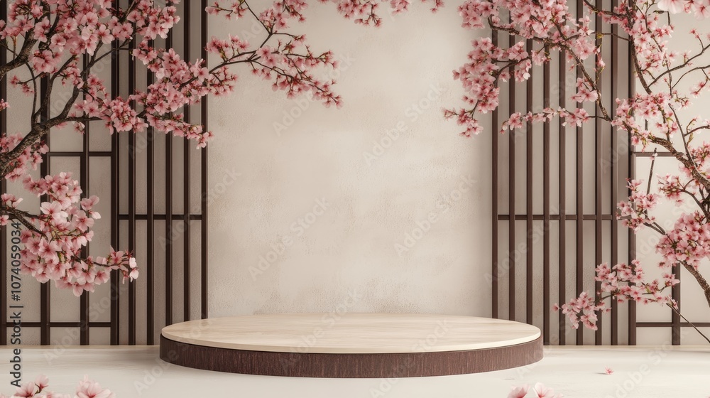 Aufkleber japanese style cosmetic backdrop featuring a podium and cherry blossoms on a white background for pr