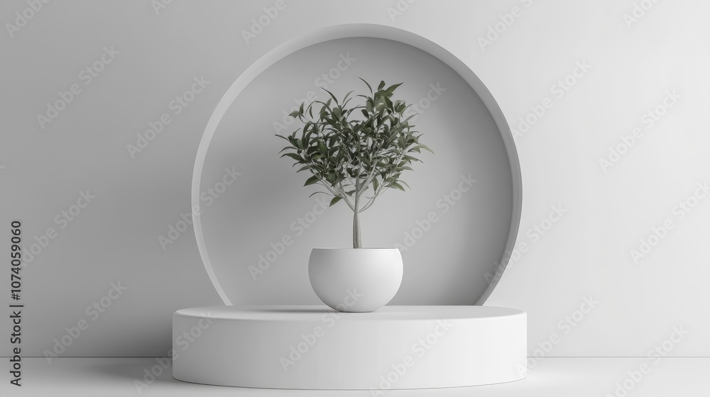 Poster minimalist podium design featuring a plant for product presentation and showcase with a 3d rendered 