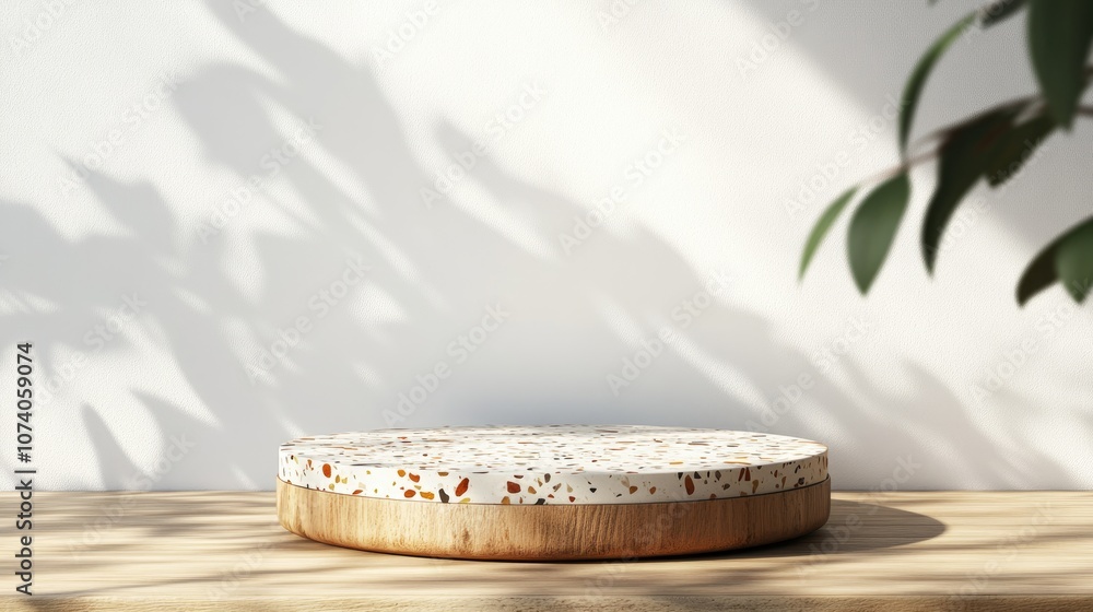 Poster 3d terrazzo display podium on a wooden table with a white background 3d rendering of a product showc