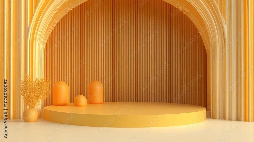 Poster 3D render of an abstract background featuring geometric shapes and a podium for product display Minimalistic design with a group of yellow elements
