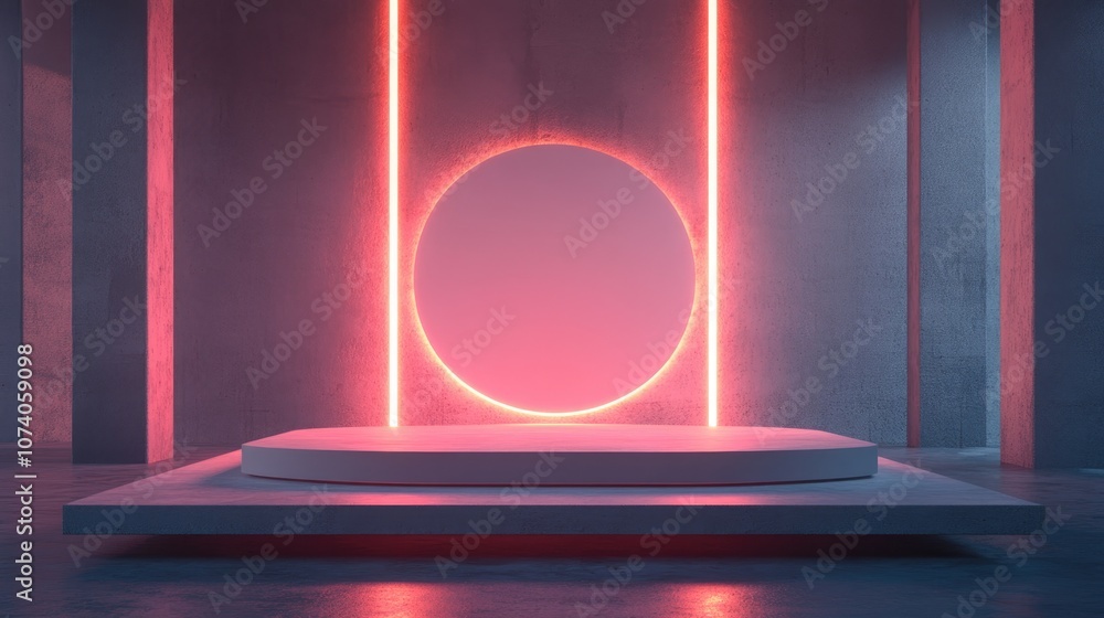 Aufkleber 3d rendering of a contemporary mockup podium featuring neon lighting a futuristic pedestal and a bla