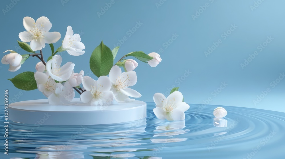 Poster white product display podium featuring water reflection and blooming flowers on a blue background 3d