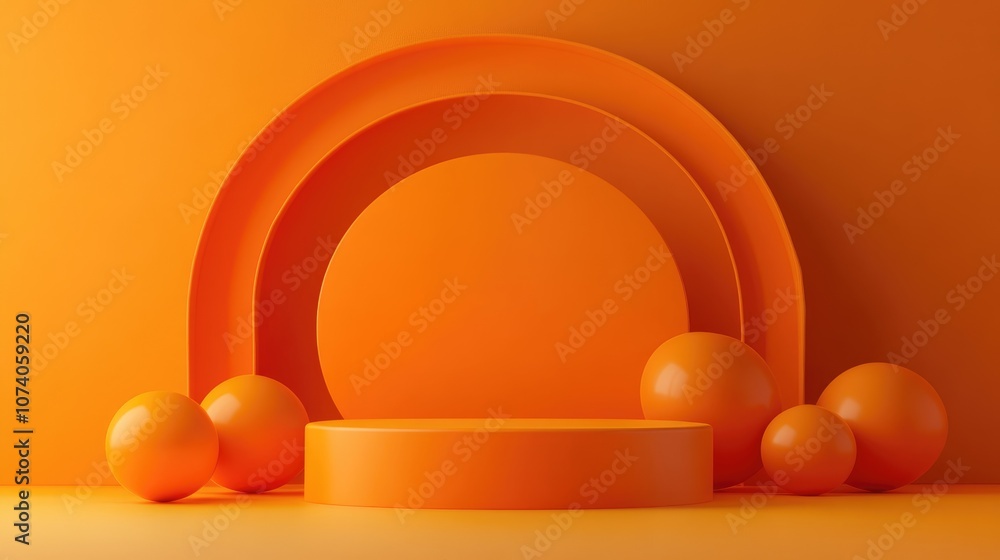 Aufkleber 3D rendered abstract background featuring geometric shapes and a podium for product presentation showcasing a minimalistic design with a group of orange elements