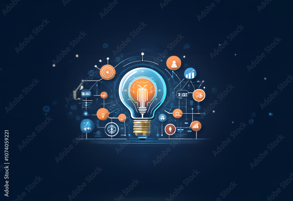 Poster a glowing light bulb is surrounded by interconnected circles, representing concepts and ideas within