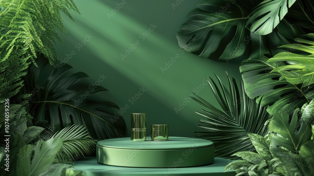 Aufkleber minimal green podium against a backdrop of green leaves showcasing a display for cosmetic or perfume