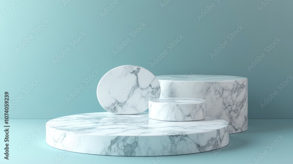 Poster empty white marble podium on a pastel blue background product display 3d rendering