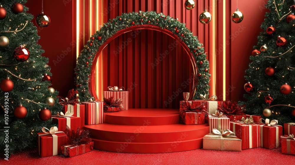 Aufkleber 3D rendering of a festive product display podium with decorative background for a holiday event