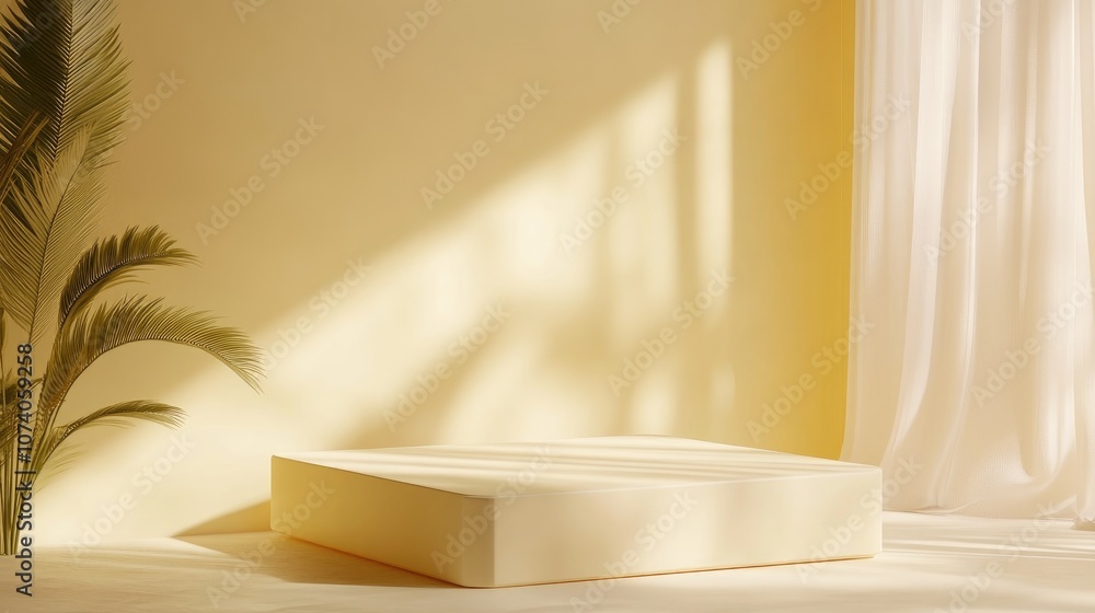 Poster Minimal 3D rendered scene featuring an empty cube podium in shades of pastel yellow designed for cosmetic product display and abstract background showcase Geometric pedestal in soft colors for moc