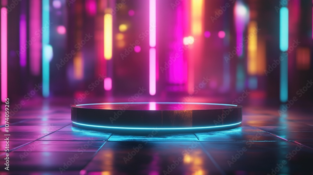Poster sci fi podium with neon glow for product display 3d rendered image featuring blurred floor reflectio
