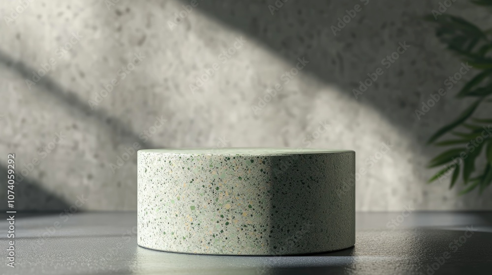 Poster 3D render of a cylinder shaped podium with a square design and green terrazzo texture on a transparent background