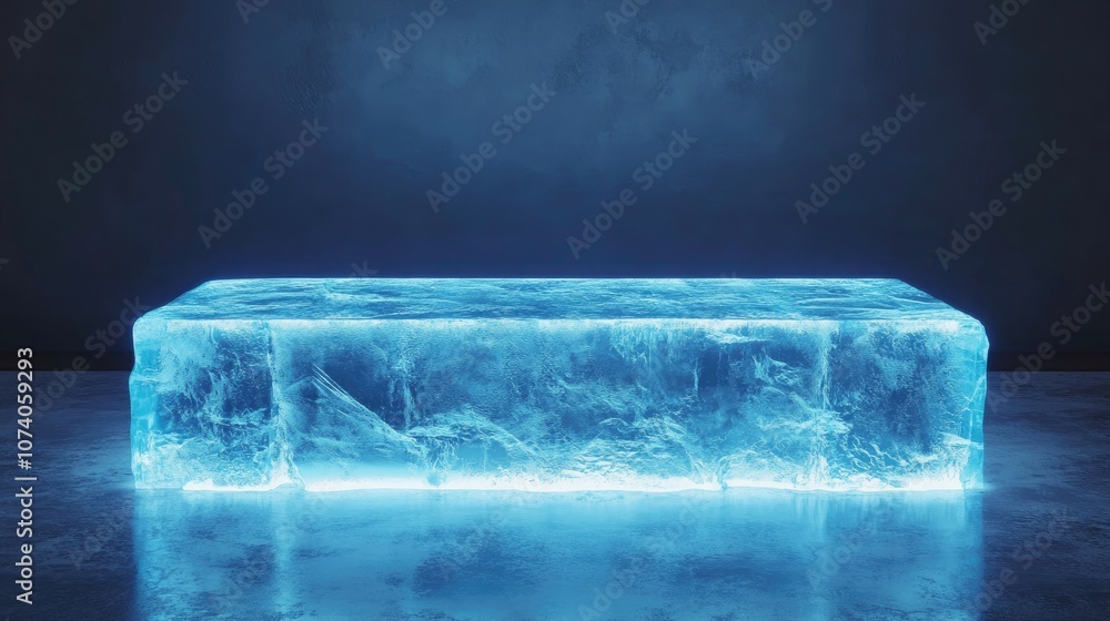 Poster 3D rendering of a rectangular blue ice podium or stand on a light background illuminated with neon light Studio backdrop