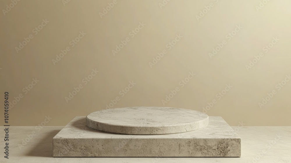 Poster Minimalistic 3D rendering of a concrete texture podium on a square beige backdrop