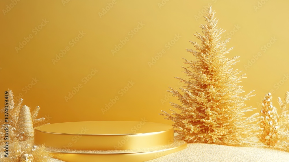 Poster gold edged podium and a golden yellow christmas tree create an elegant holiday display against a gol