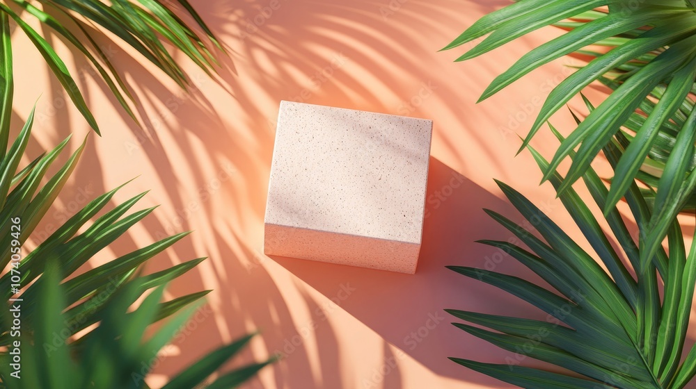 Poster Empty natural cube box on a vibrant summer background with tropical palm leaves suitable for showcasing cosmetic products Flat lay perspective 3D rendering
