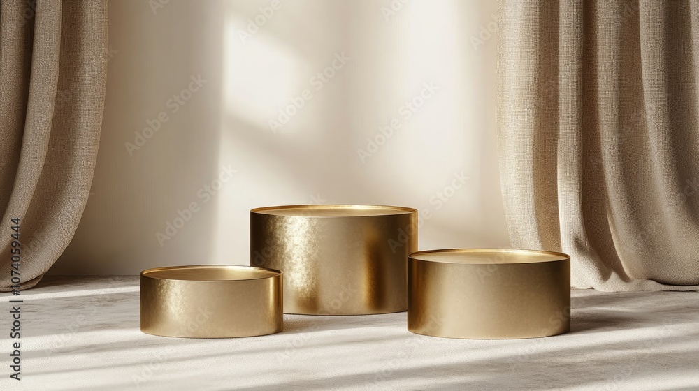 Poster modern 3d podium stand with a gold finish designed for empty product mockup display
