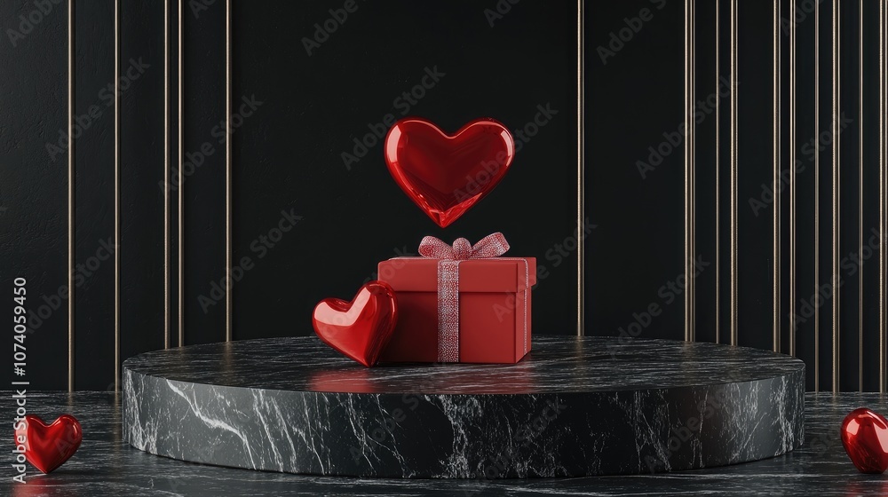 Poster 3d rendering of a valentine s day mock up podium display featuring a three dimensional gift box and 