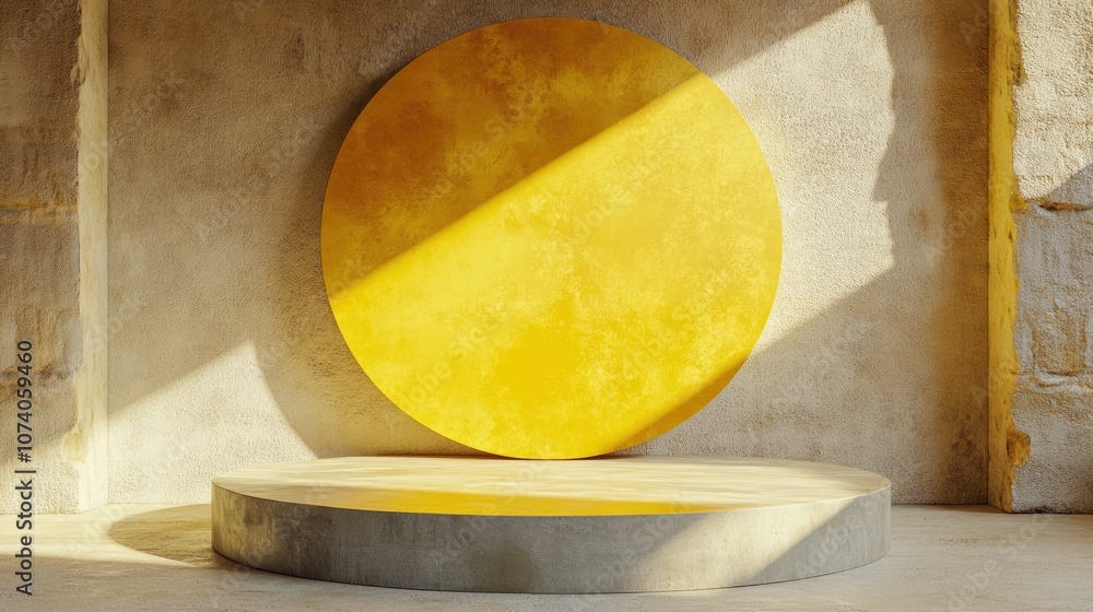 Poster podium featuring yellow circular background 3d rendering