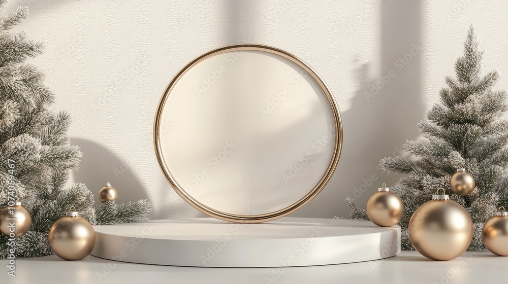 Poster minimal podium display in a festive setting showcase for beauty products and cosmetics featuring gol