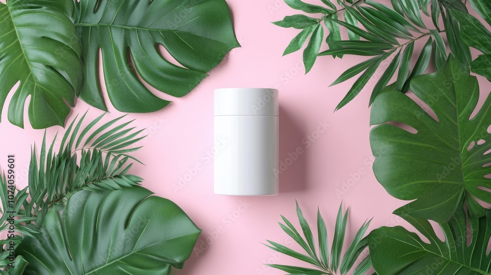 Poster Empty white cylinder container on a summer themed backdrop featuring tropical palm leaves designed for cosmetic product presentation Flat lay Top view 3D render