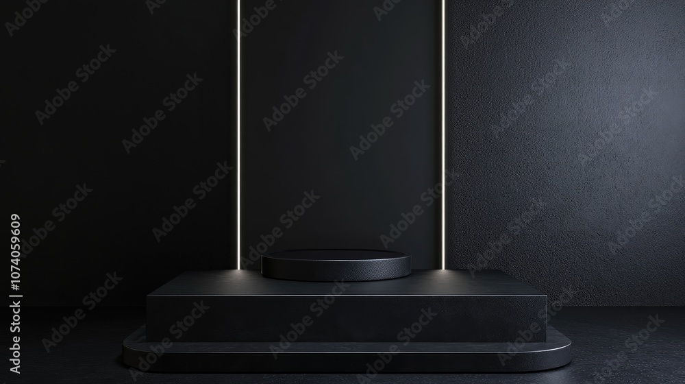 Poster 3D rendering of a black geometric display stand in a dark setting