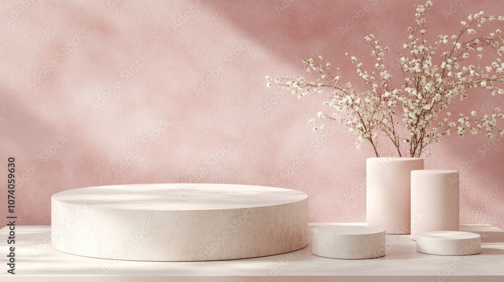 Fototapete 3D rendering of a minimal scene featuring a blank podium with a romantic theme Display stand ideal for product presentation mock up Cylindrical stage in a soft pink hue with a simple design Charmi