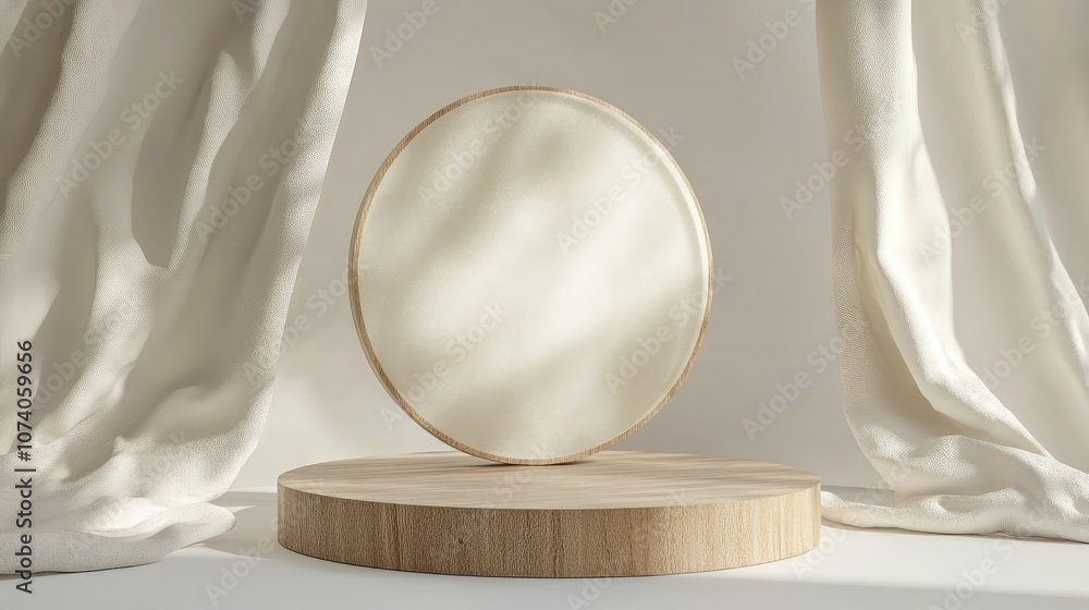 Aufkleber 3d wooden display podium on a white backdrop featuring a round beige frosted glass frame ideal for s