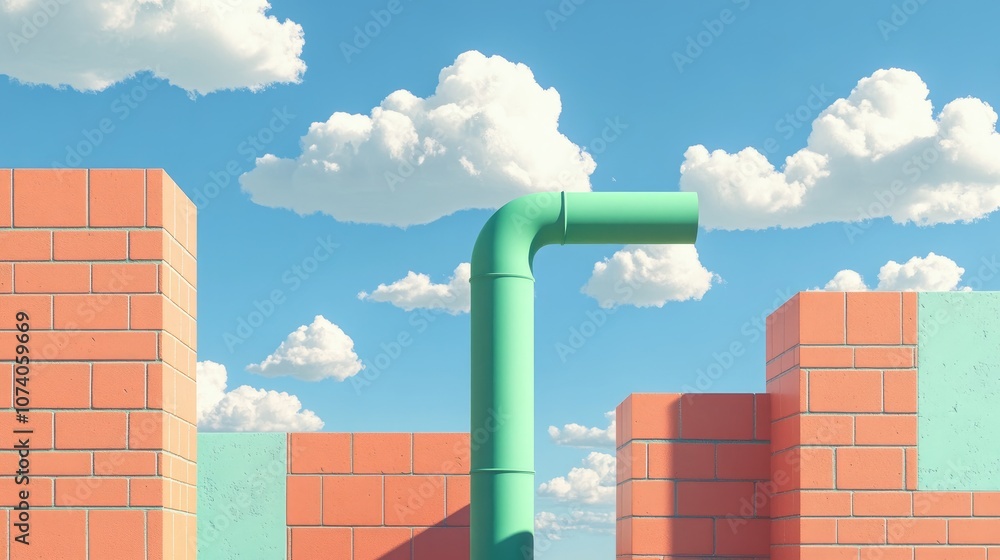 Fototapete Minimalist composition featuring a green pipe at the center surrounded by brick blocks with white clouds against a blue backdrop Geometric design in 3D rendering suitable for product presentation