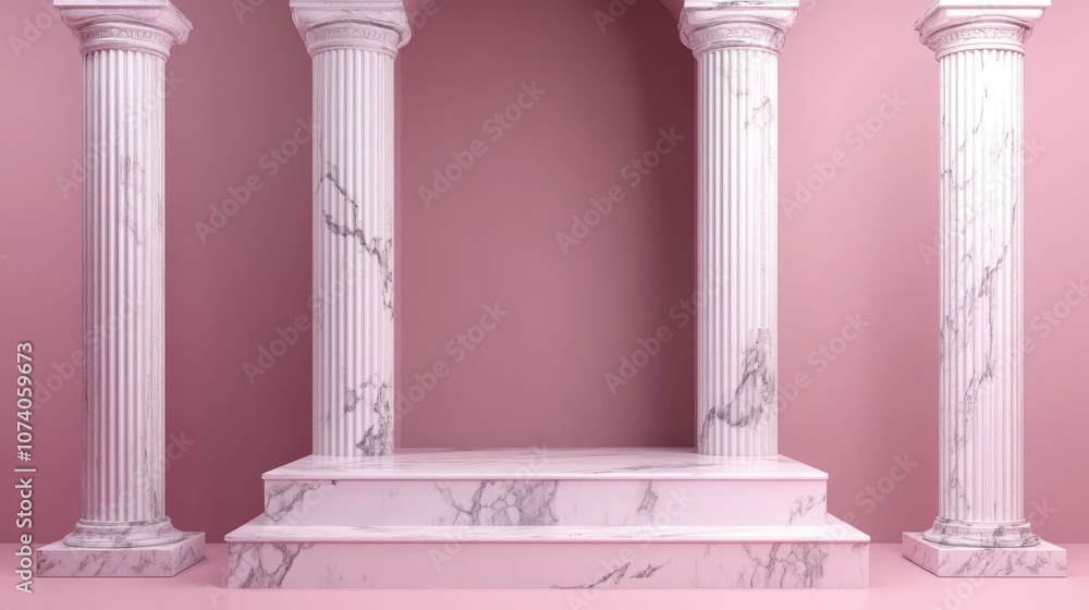 Poster Empty podium display with marble columns in a Greek style featuring a pink studio interior realistic 3D rendering Minimalist backdrop showcasing pedestal design and antique architecture elements