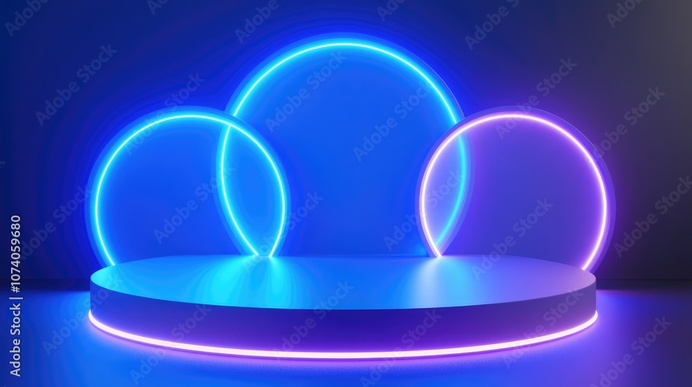 Poster Blue realistic 3D cylinder podium featuring a glowing neon circular design Abstract 3D rendering of geometric shapes in a minimal setting for product presentation