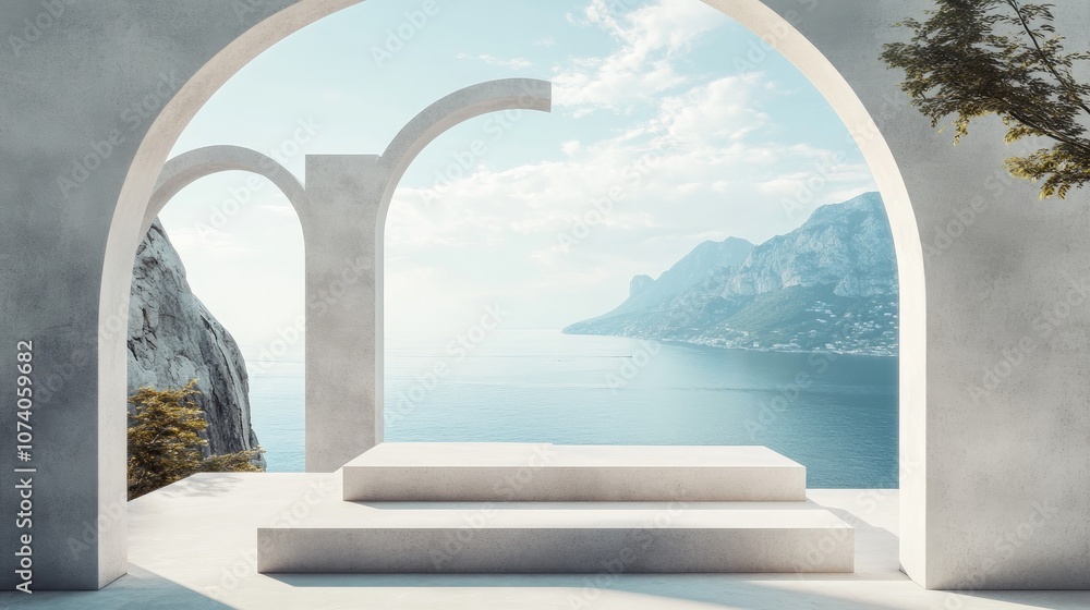 Aufkleber Geometric composition featuring an arch and podium in natural daylight with a minimal landscape and sea view in a 3D rendered background
