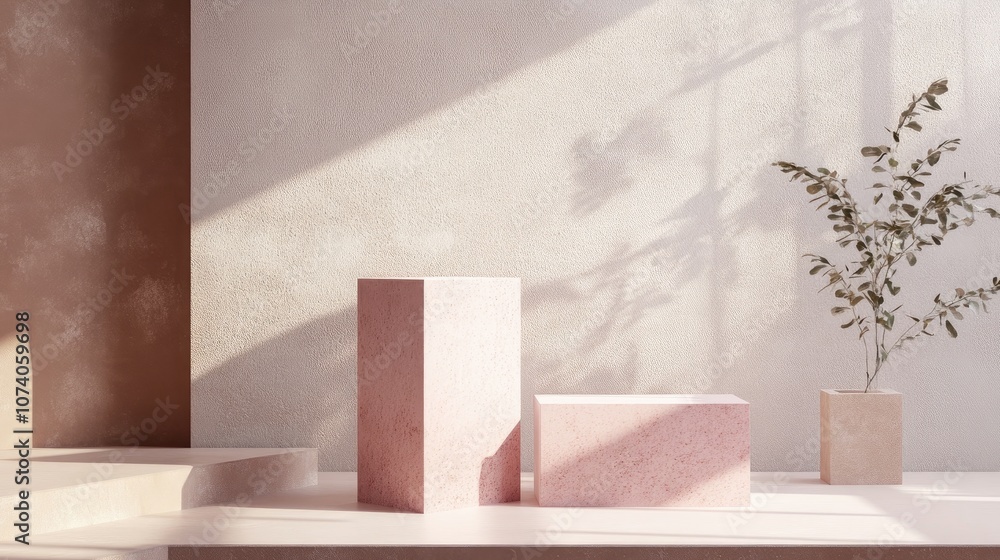 Poster 3D geometric shapes featuring a dusty pink cube and box podium in a minimal studio background Abstract illustration in natural color tones