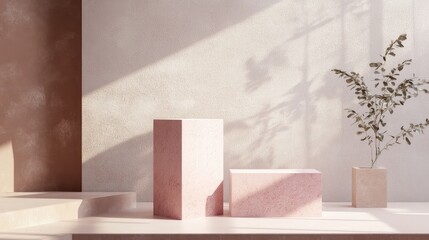 3D geometric shapes featuring a dusty pink cube and box podium in a minimal studio background Abstract illustration in natural color tones