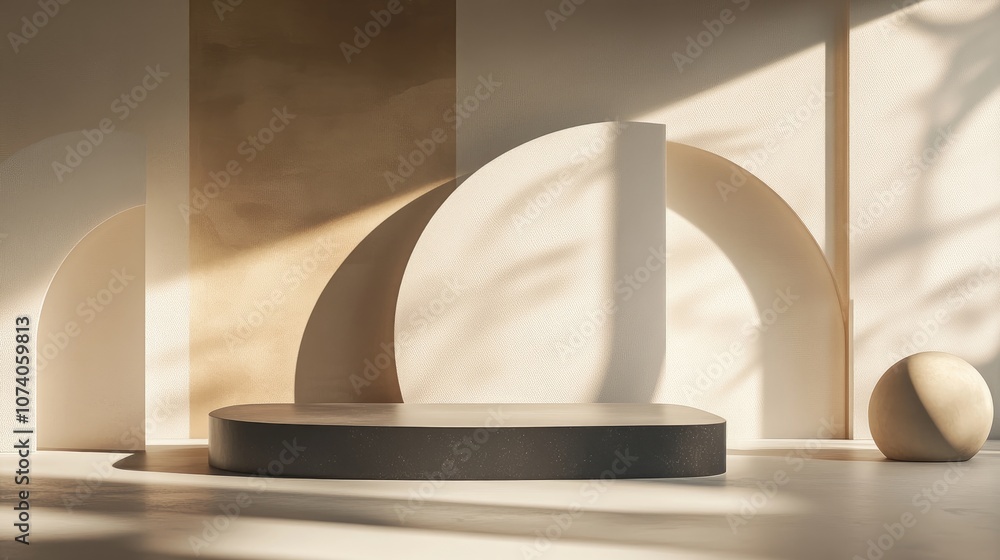 Aufkleber 3D rendering of a themed background showcasing diverse shapes with a floating concept Exhibition scene displaying various simple shapes and an empty podium for product showcasing