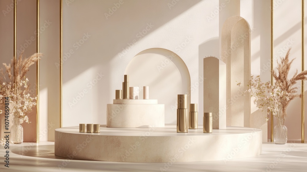 Poster 3d backdrop featuring a podium display neutral beige banner with natural light and shadow effects pr