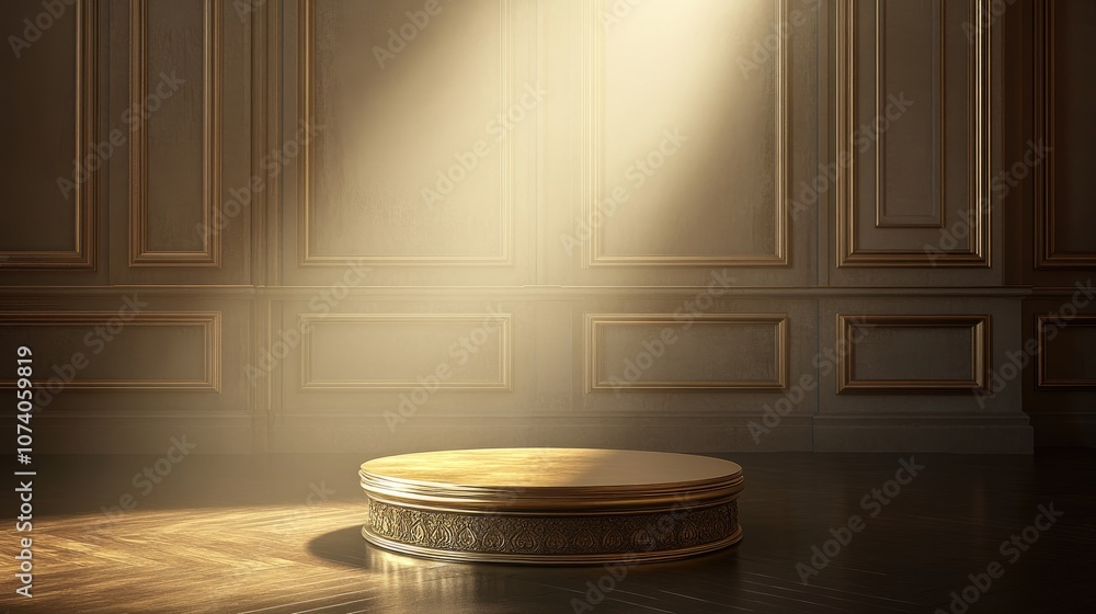 Poster Elegant golden pedestal in an empty room bathed in a warm spotlight creating a soft atmosphere Background graphic element luxury concept 3D render