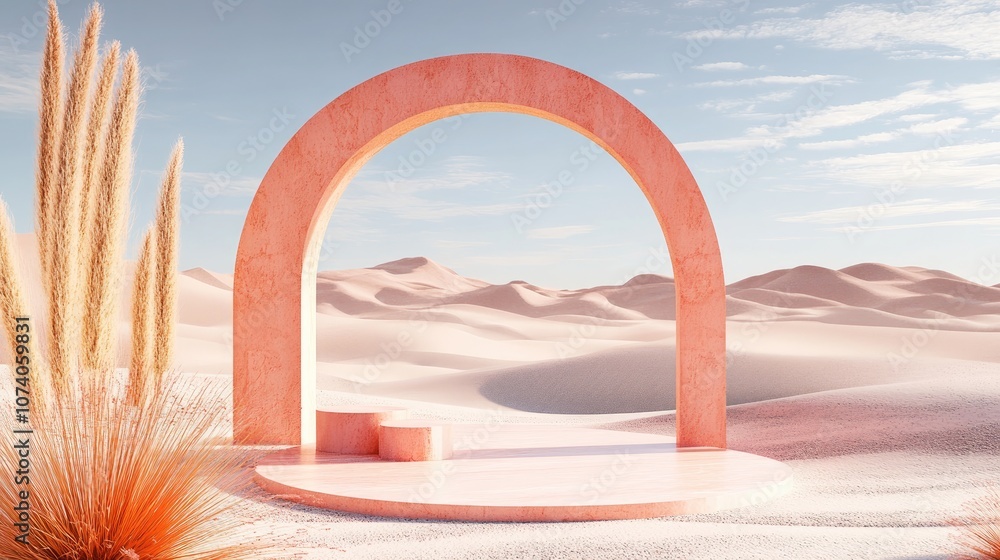Aufkleber Abstract desert backdrop featuring geometric shapes A natural beauty display setting with an arch frame for showcasing products 3D rendering