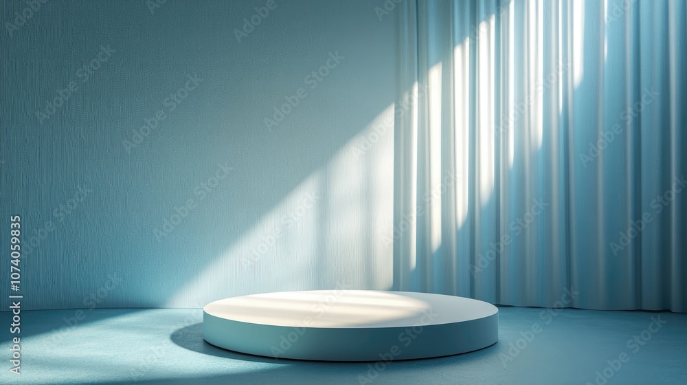 Poster abstract podium illuminated by natural light designed for product display against a blue background 