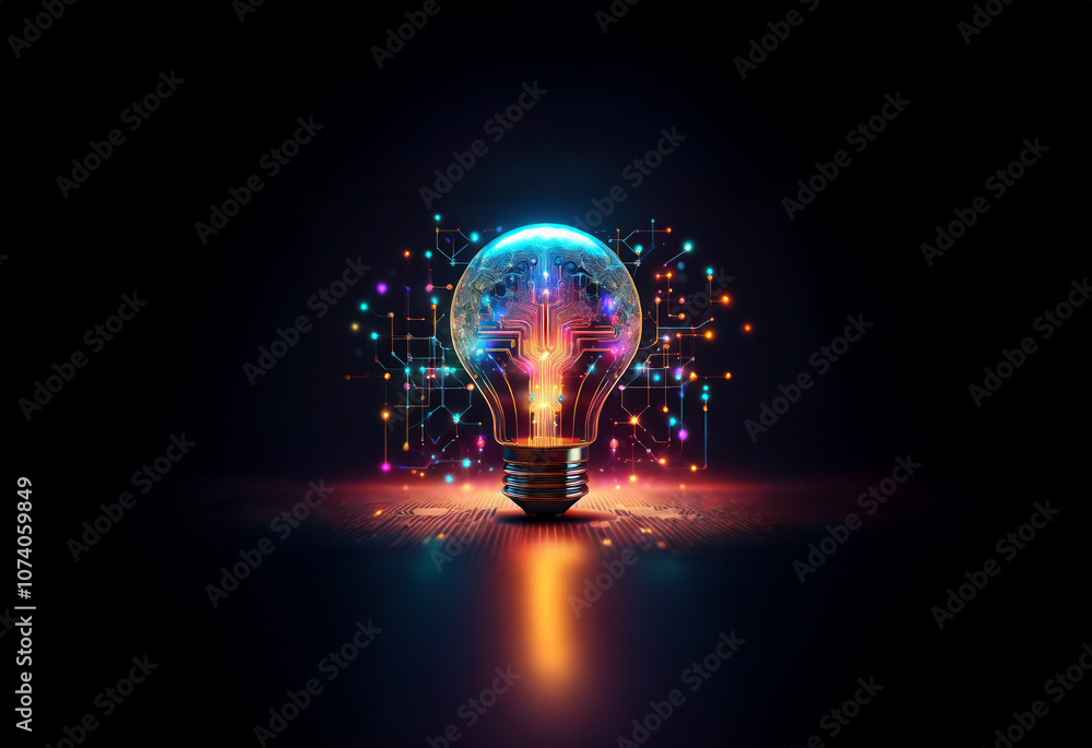 Poster a glowing light bulb with a swirling network of colorful data inside.