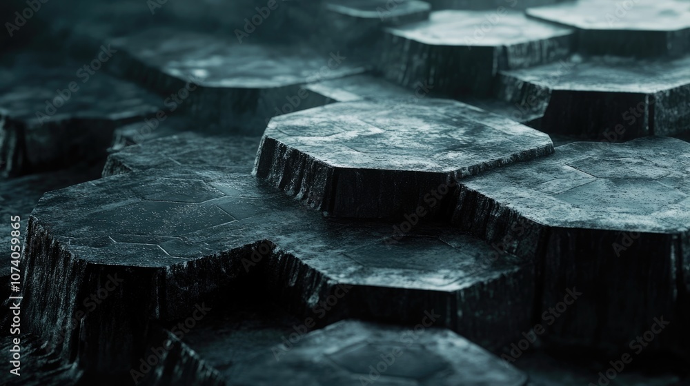 Fototapete Dark hexagonal platforms linked together in a background 3D rendering Digital computer illustration