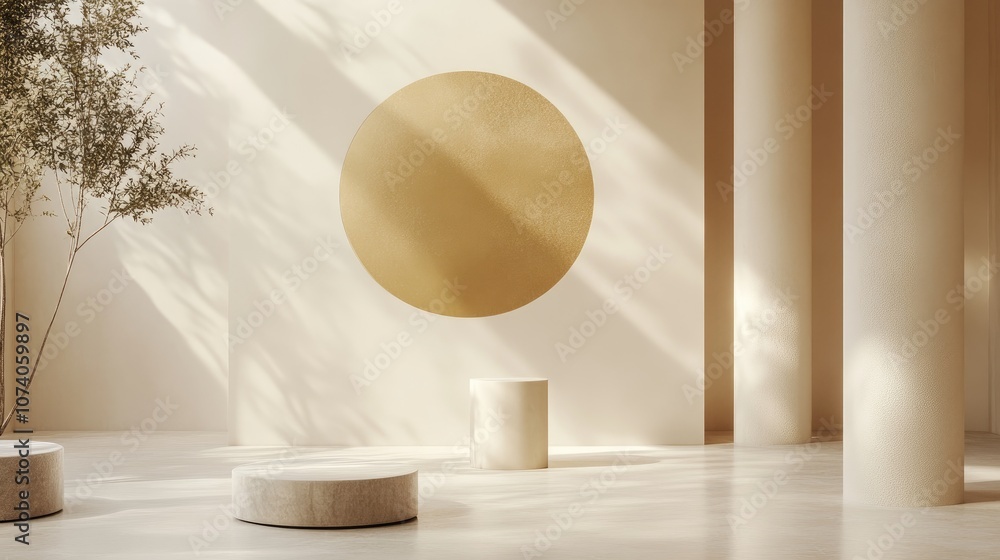 Poster White and gold geometric pedestal with a minimal circular backdrop and a pillar Abstract studio setting for cosmetic product displays Promotional showcase in a minimalistic scene 3D rendering