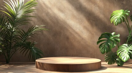 Obraz premium Brown cylindrical wooden podium against a brown concrete wall background styled with palm and monstera leaves creating a scene for product mockup showcasing sales discounts and offers 3D render il