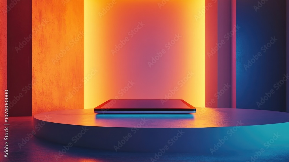 Poster podium featuring a sleek digital tablet on an abstract wall backdrop concept of product presentation