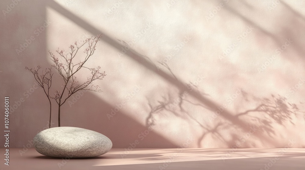 Poster podium display on a soft pastel stucco backdrop abstract arrangement featuring a branch stone and sh