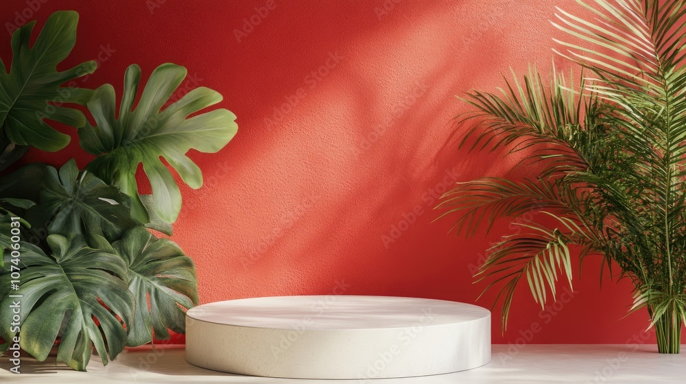 Poster 3d abstract background in traditional style featuring a product podium mockup on a vibrant red backd