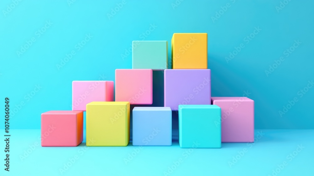 Poster vibrant pastel colored boxes on a bright blue backdrop minimalistic design 3d rendering